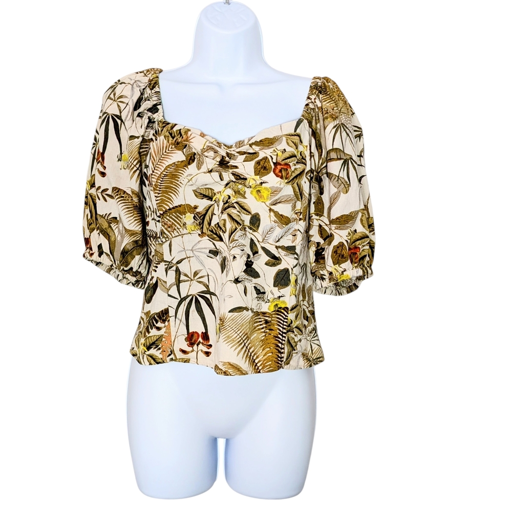 H&M Cream and Brown Floral Puff Sleeve Blouse